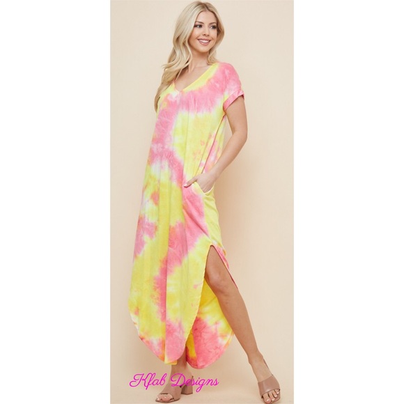 💗LAST 1! V Neck Tie Dye Maxi Dress w/Side Slits! - Picture 3 of 8